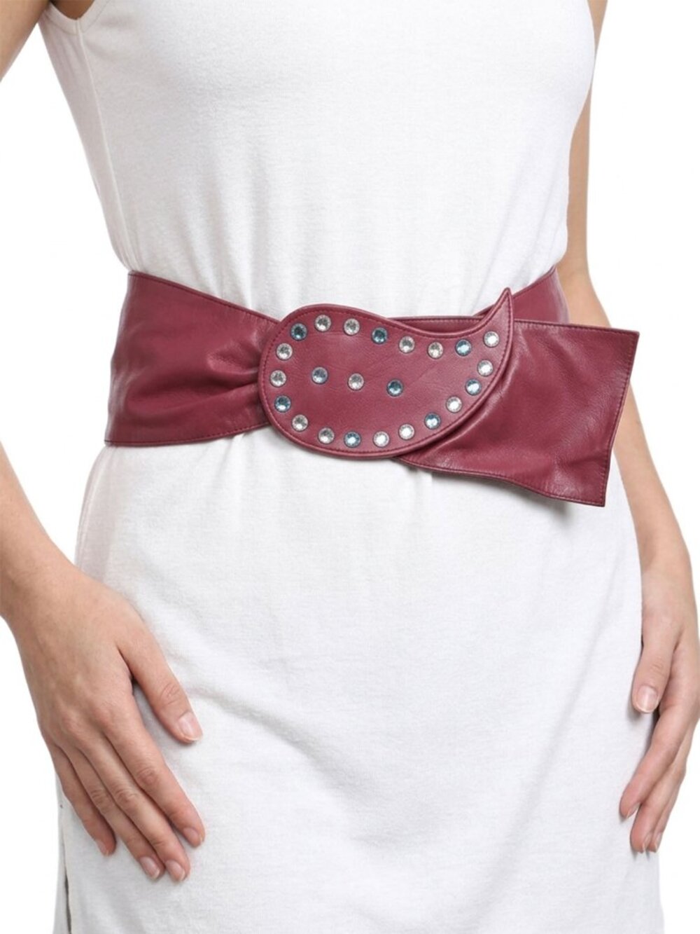 Vintage Rhinestone Faux Leather Wide Cinch Belt Paisley Gem Maroon Wine